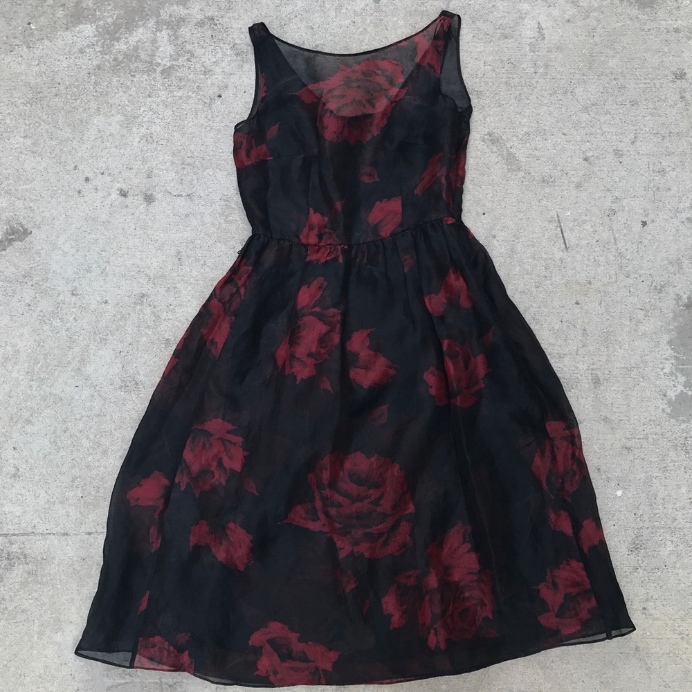 Ann Taylor Black and Red Rose Chiffon Dress Size 4